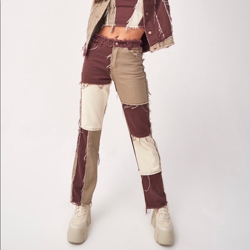 Jaded London Brown Patchwork Denim Boyfriend Jeans